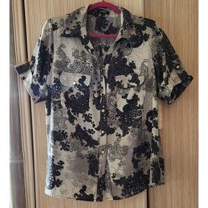 Elementz Woman Blouse Size 1X Black White Gray Roll Tab Short Sleeve Buttons